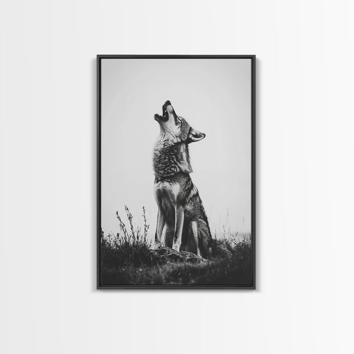 Howling Wolf, wildlife art, moody art, rustic decor, nature photography, black and white animal print, framed canvas print, minimalist art