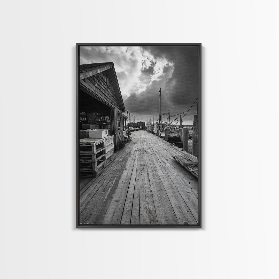Fishing Dock, coastal decor, nautical wall art, seascape painting, rustic wall art, Nantucket painting, framed canvas print, horizontal art