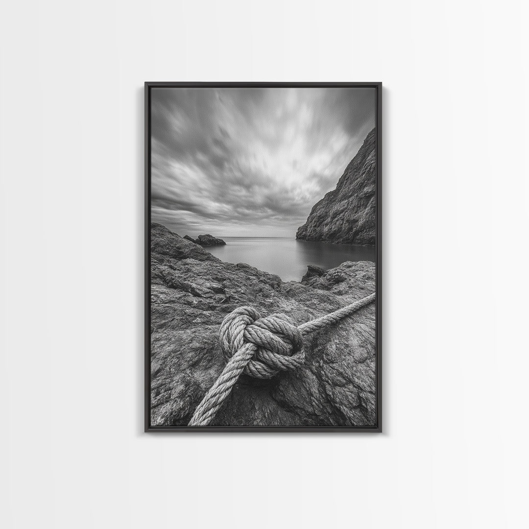Nautical art, rope knot, coastal decor, moody art, wabi sabi art, rustic photography, living room art, canvas print, panoramic wall art