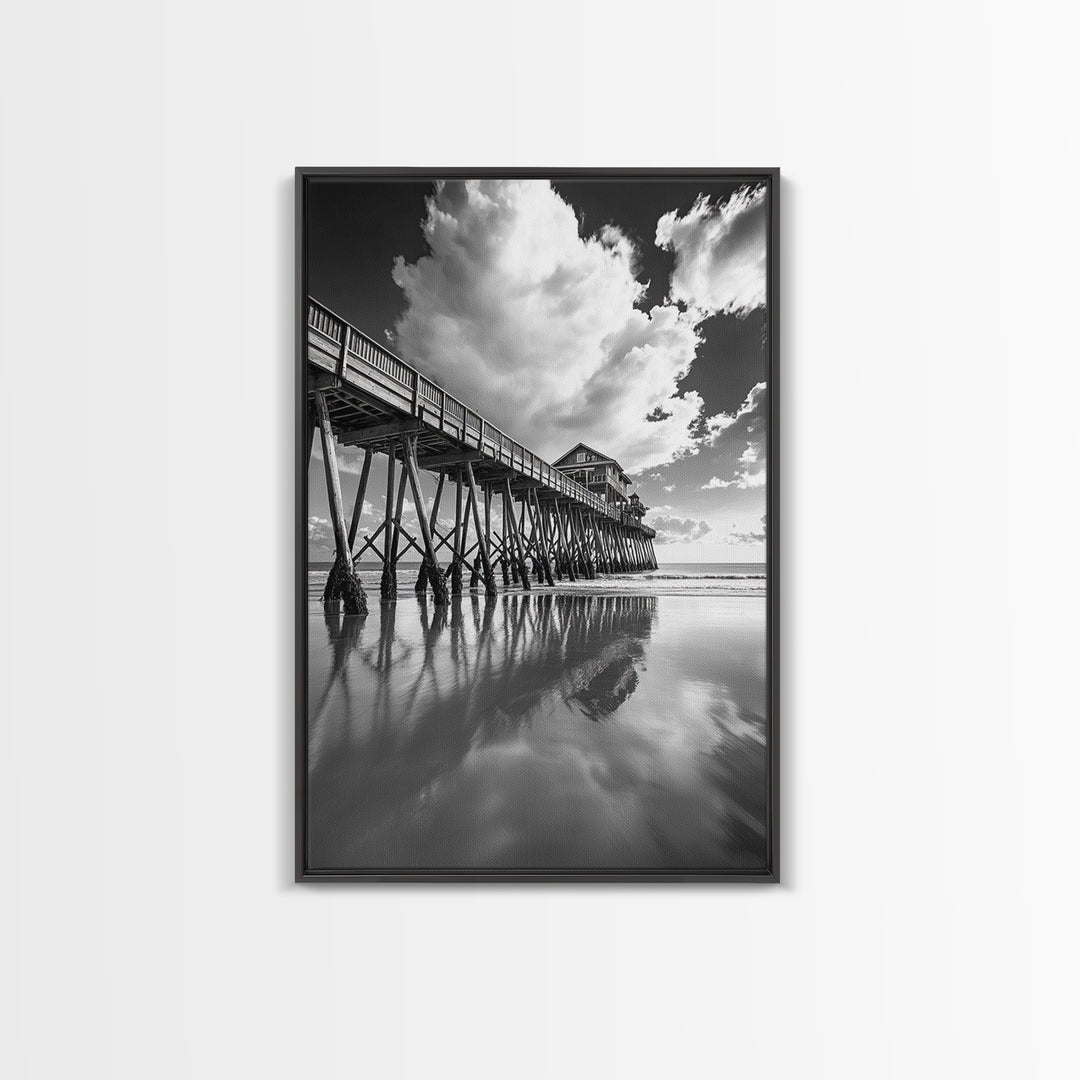 Pier reflection, seascape painting, nautical decor, rustic wall art, black and white photography, extra wide art, framed canvas print