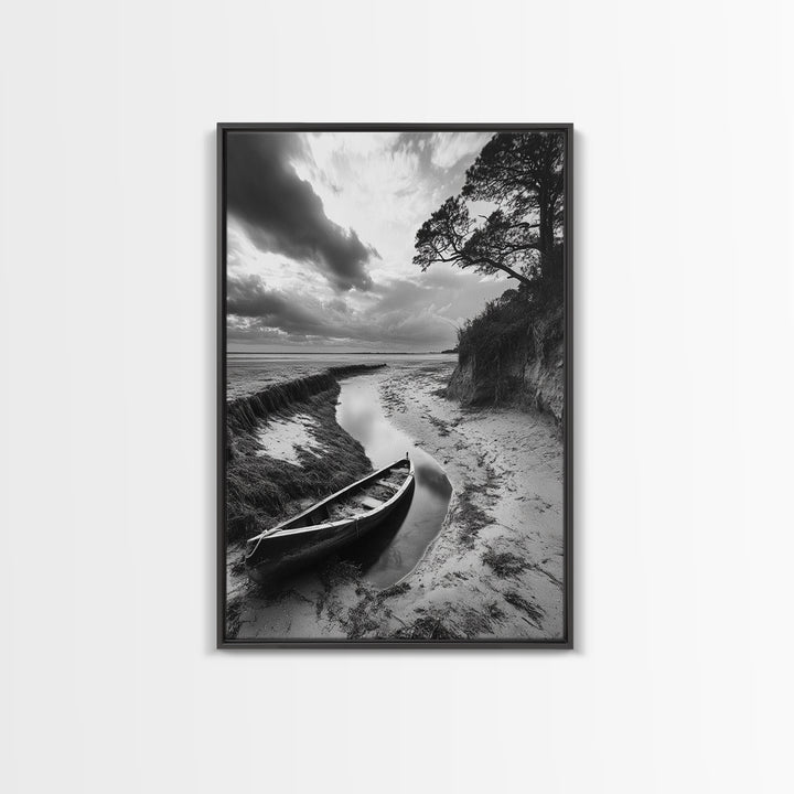 Abandoned boat, coastal decor, moody art, wabi sabi wall art, nature photography, nautical art, black and white wall art, canvas print