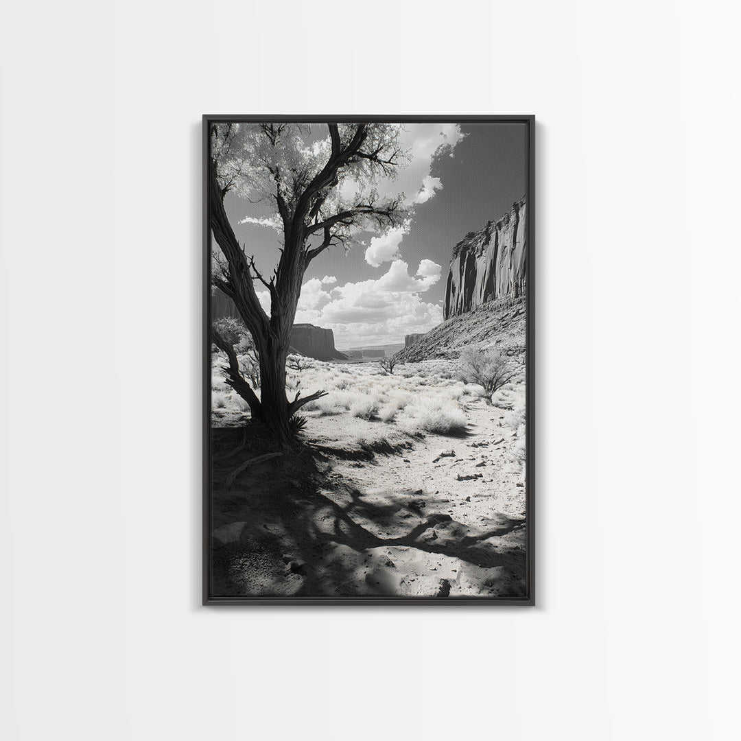 Desert landscape, Joshua tree art, western wall art, framed canvas print, southwest decor, black and white nature, rustic desert scene