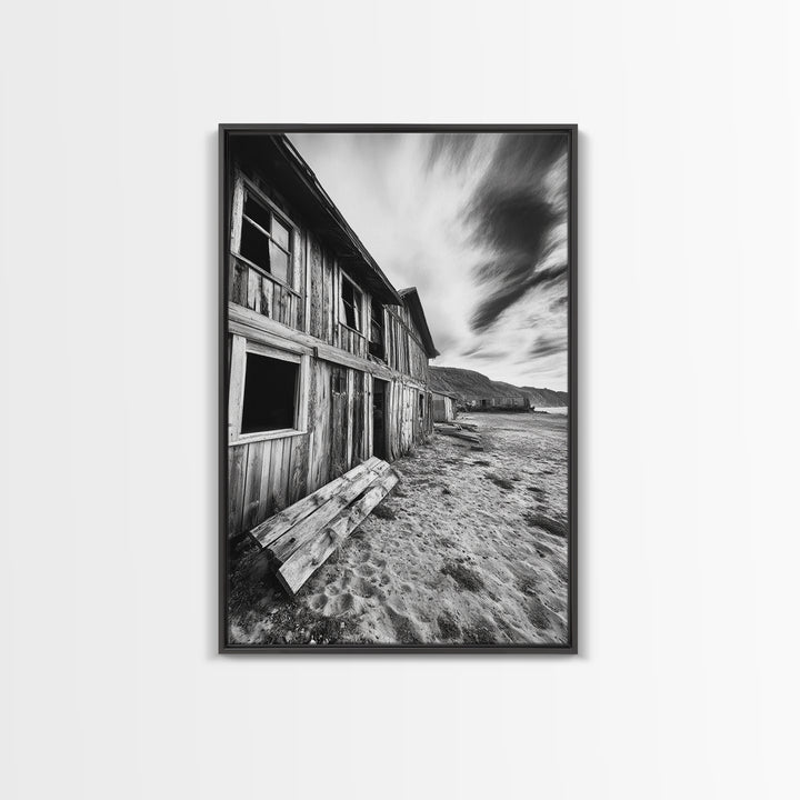 Rustic barn, farmhouse art, abandoned building, vintage Christmas, moody art, black and white wall art, wabi sabi wall art, framed canvas print