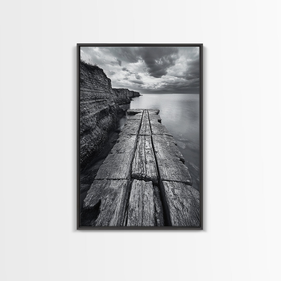 Cliffside view, nautical decor, rustic photography, seascape painting, wabi sabi art, black and white art, canvas print, above sofa art