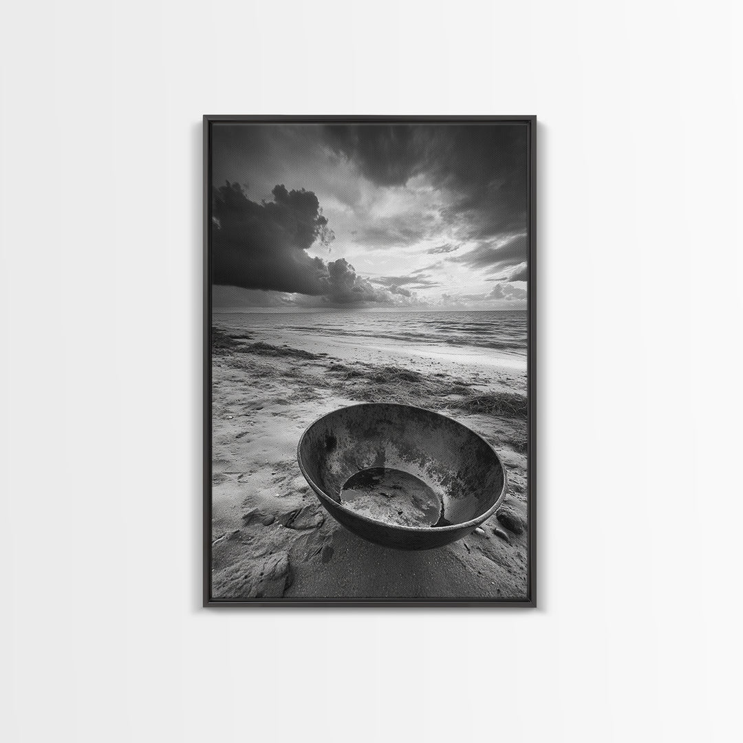 Beach bowl, wabi sabi wall art, coastal decor, moody art, minimalist art, black and white photography, framed canvas print, extra wide art