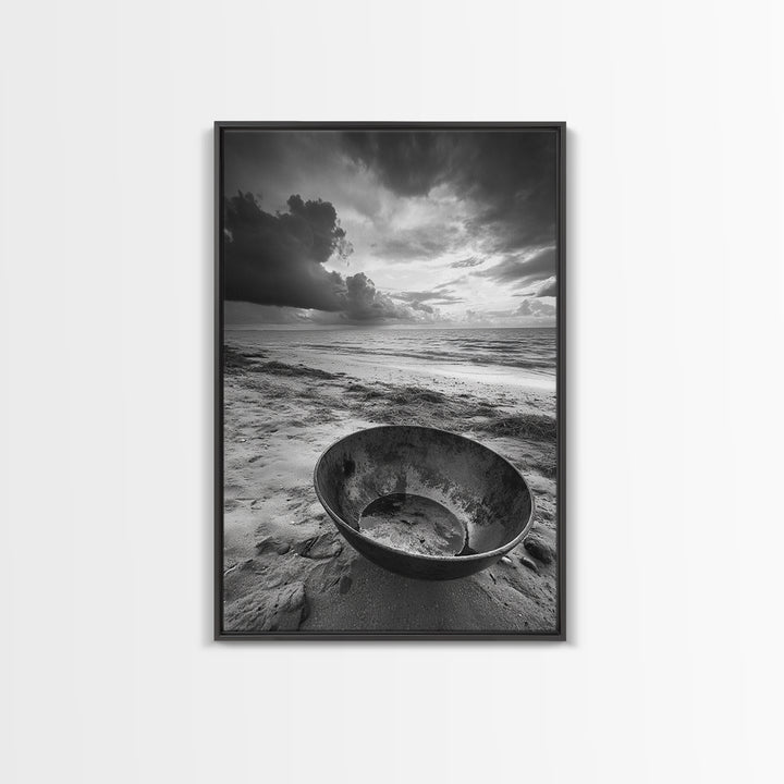 Beach bowl, wabi sabi wall art, coastal decor, moody art, minimalist art, black and white photography, framed canvas print, extra wide art