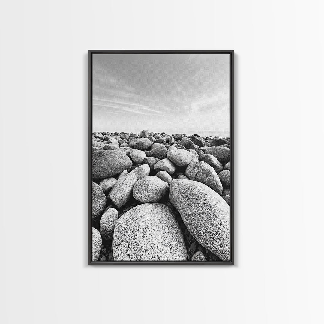 Stone beach, coastal landscape art, black and white art, wabi sabi wall art, minimalist art, nature photography, framed canvas print