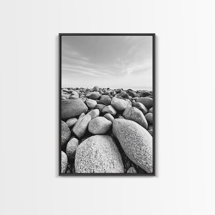 Stone beach, coastal landscape art, black and white art, wabi sabi wall art, minimalist art, nature photography, framed canvas print