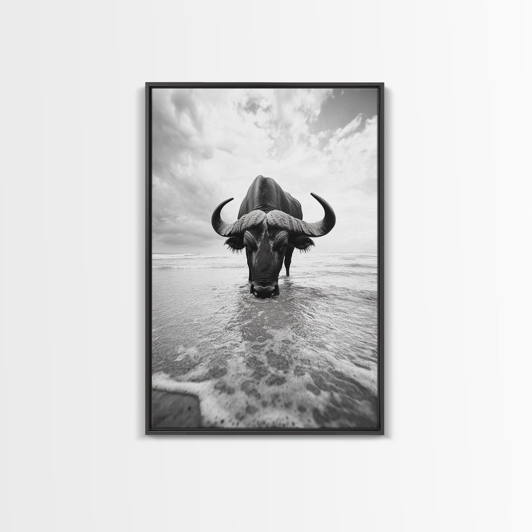 Buffalo art, bull and bear art, moody photography, black and white wall art, unique wildlife art, wabi sabi art, canvas print, farmhouse decor