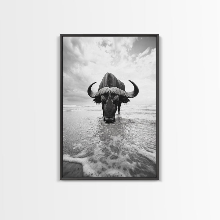 Buffalo art, bull and bear art, moody photography, black and white wall art, unique wildlife art, wabi sabi art, canvas print, farmhouse decor