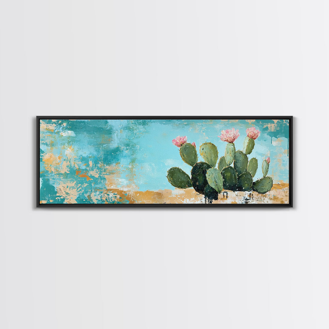 Blooming Cactus, agave painting, botanical prints, desert landscape art, teal wall art, wabi sabi art, rustic decor, Framed Canvas Print