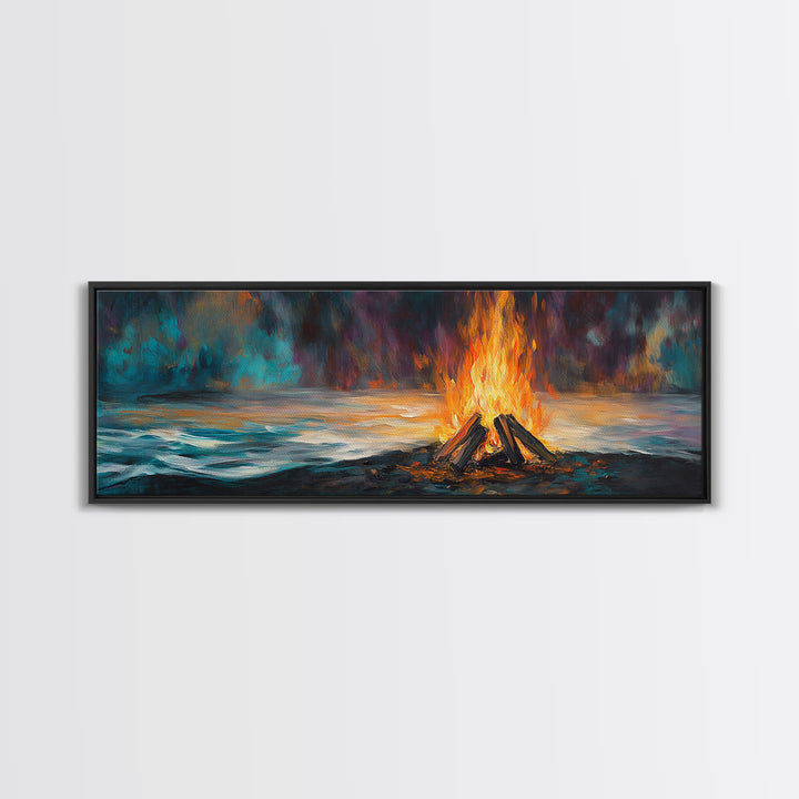 Bonfire, moody art, coastal landscape art, rustic decor, extra wide art, above bed wall art, gift idea for him, Canvas Print