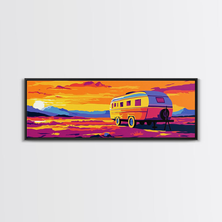 Camper, vintage Christmas, retro art, southwest wall art, extra wide art, gift idea for her, pink orange wall art, Canvas Print
