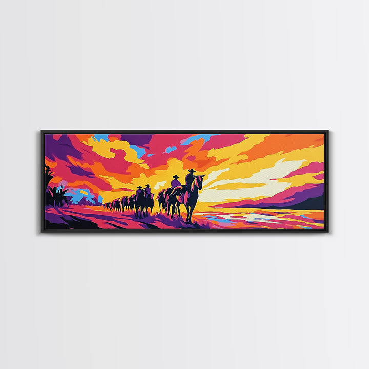 Cowboy Trail, sunset painting, southwest wall art, western decor, gift idea, extra wide art, panoramic painting, canvas print, rustic art