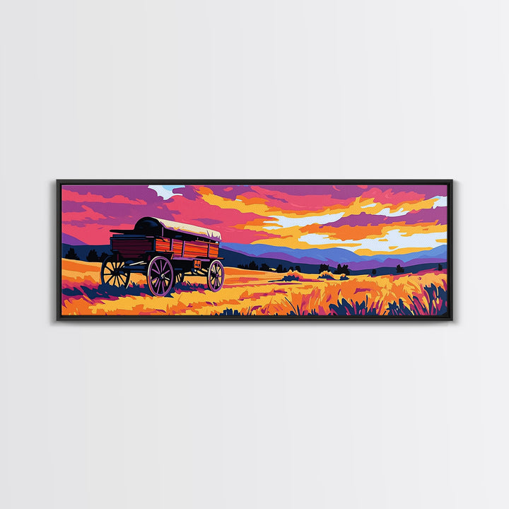 Prairie Wagon, rustic wall art, farmhouse art, cowboy painting, western decor, tall narrow art, panoramic painting, framed canvas print