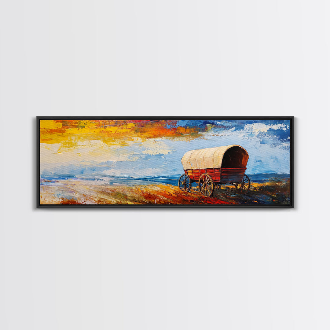 Country Wagon, coastal decor, rustic wall art, panoramic painting, barn landscape oil painting, boho art, Framed Canvas Print, gift idea