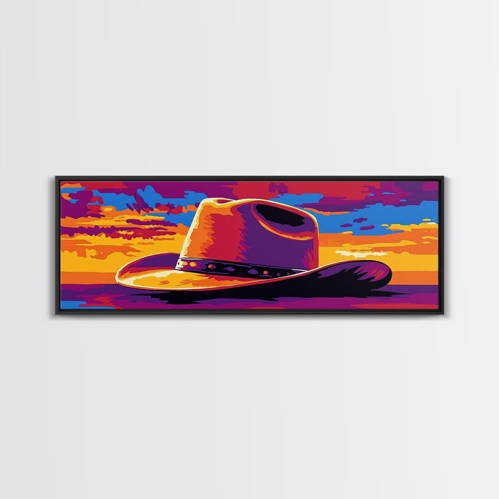 Cowboy Hat at Sunset, Pink Orange Wall Art, Blotter Art, Canvas Print, Southwest Wall Art, Extra Wide Art, Coastal Cowgirl Wall Art