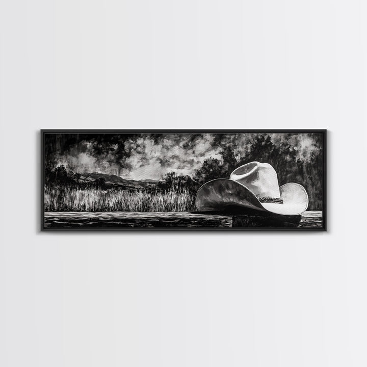 Black and White Art, cowboy hat painting, rustic decor, farmhouse art, extra wide art, panoramic art, framed canvas print, landscape painting