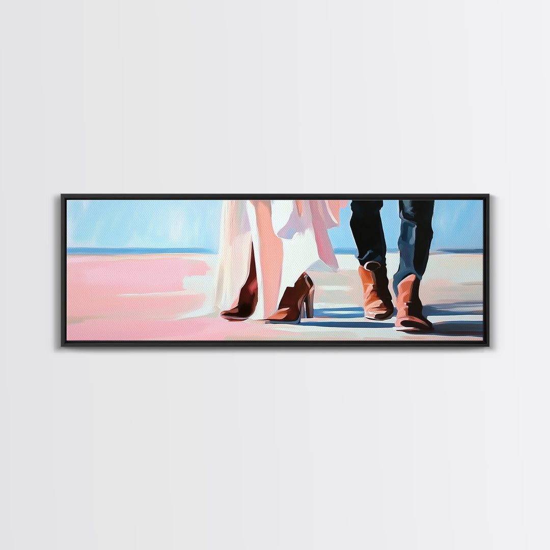 Beach Wedding Art, cowboy boots painting, coastal decor, coastal cowgirl wall art, extra wide art, framed canvas print, horizontal wall art