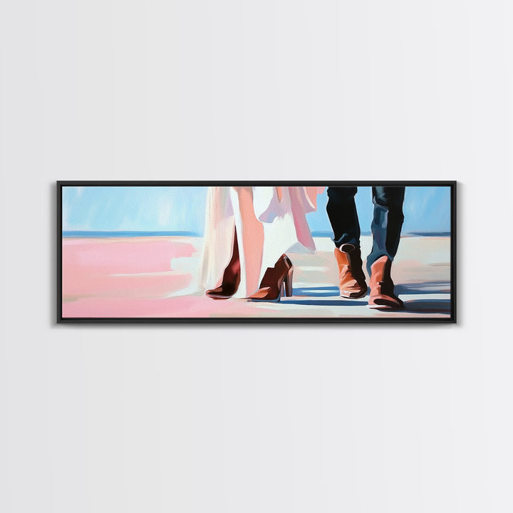 Beach Wedding Art, cowboy boots painting, coastal decor, coastal cowgirl wall art, extra wide art, framed canvas print, horizontal wall art