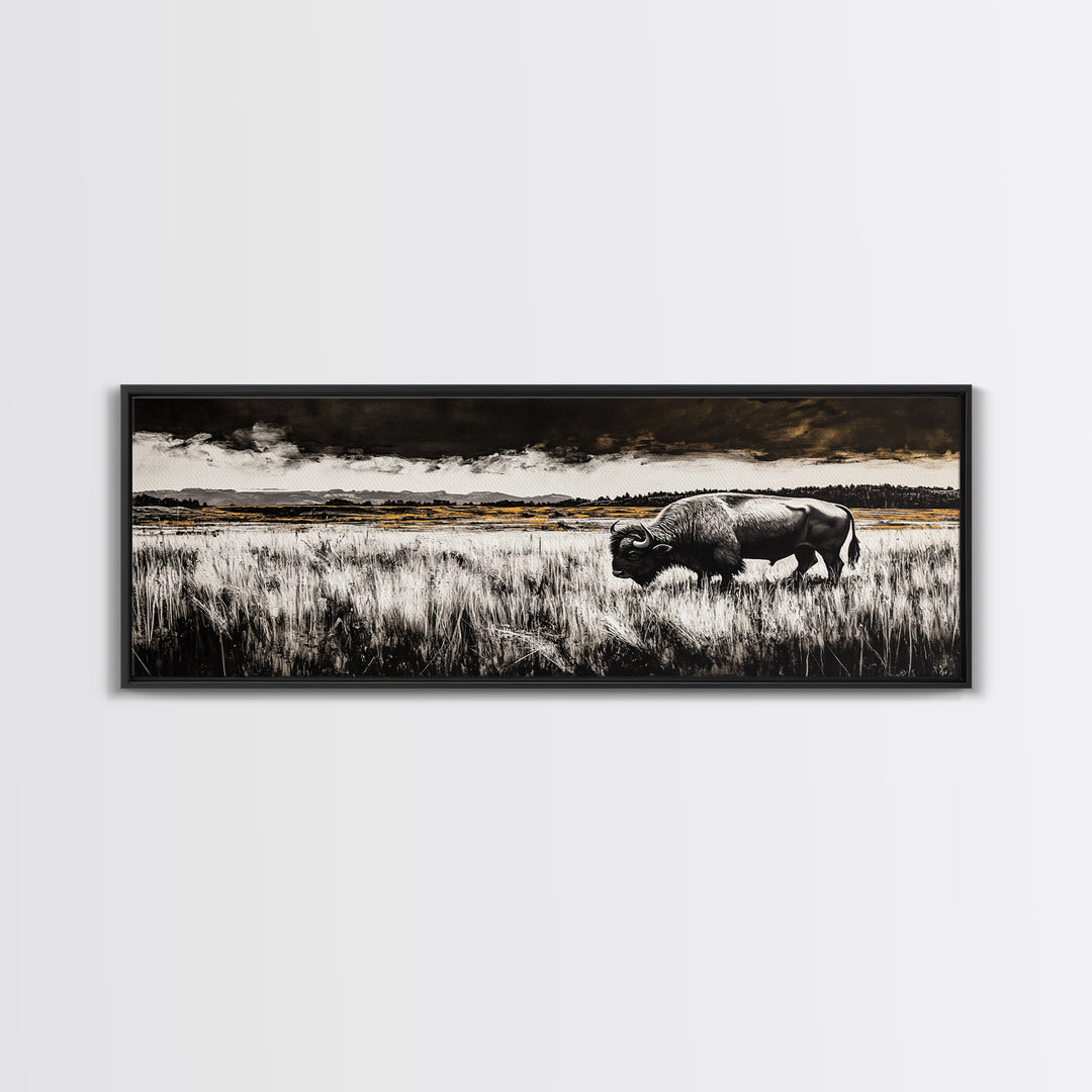 Bison painting, rustic art, black and white wall art, moody art, western decor, panoramic painting, extra wide art, framed canvas print
