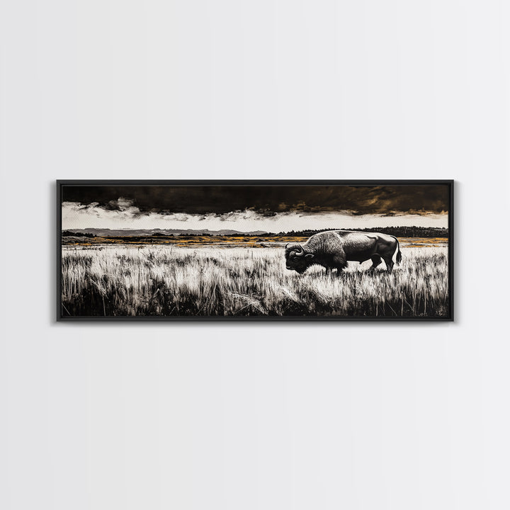 Bison painting, rustic art, black and white wall art, moody art, western decor, panoramic painting, extra wide art, framed canvas print