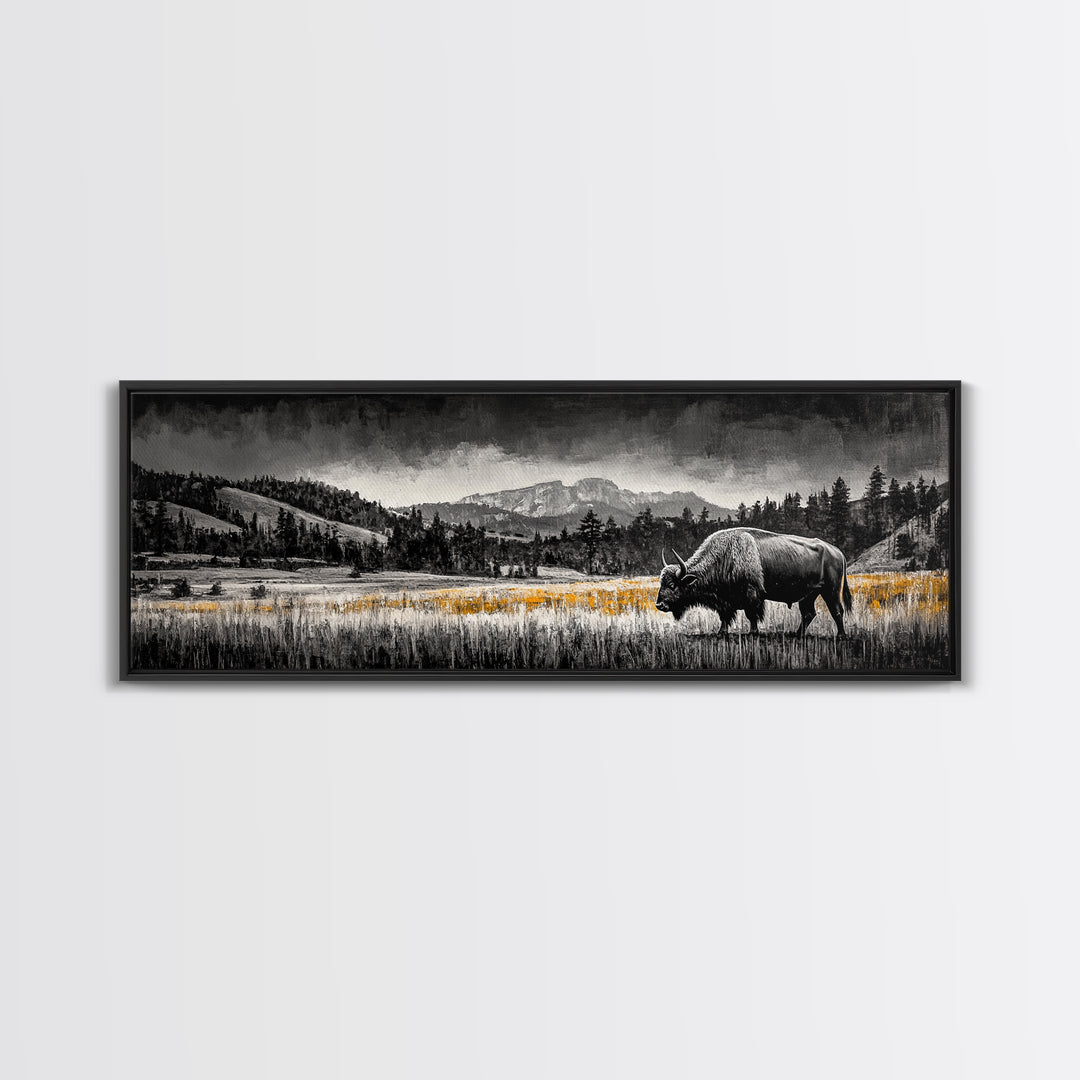 Bison art, mountain painting, black and white western art, farmhouse art, smoky mountain art, extra wide art, framed canvas print
