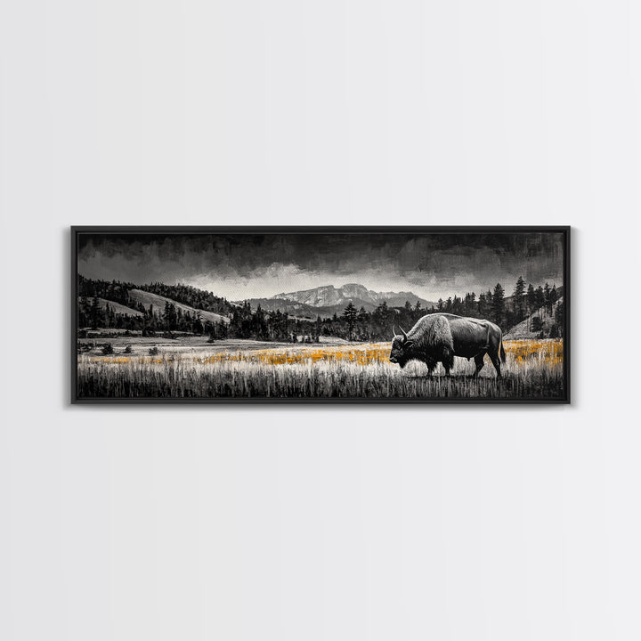 Bison art, mountain painting, black and white western art, farmhouse art, smoky mountain art, extra wide art, framed canvas print