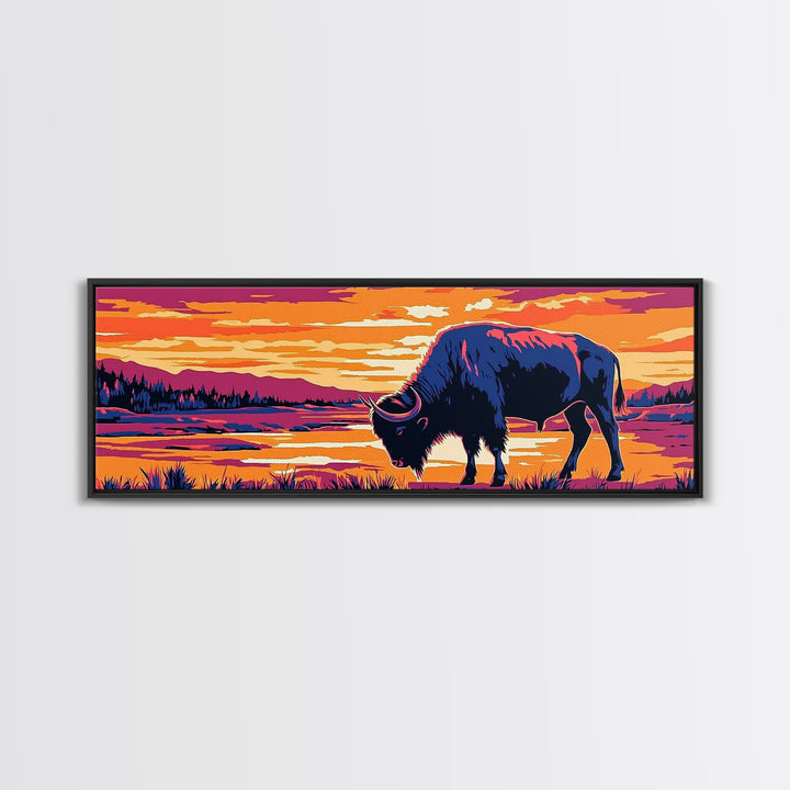 Buffalo painting, southwest wall art, rustic decor, pink orange wall art, cowboy art, above couch art, extra wide art, canvas print