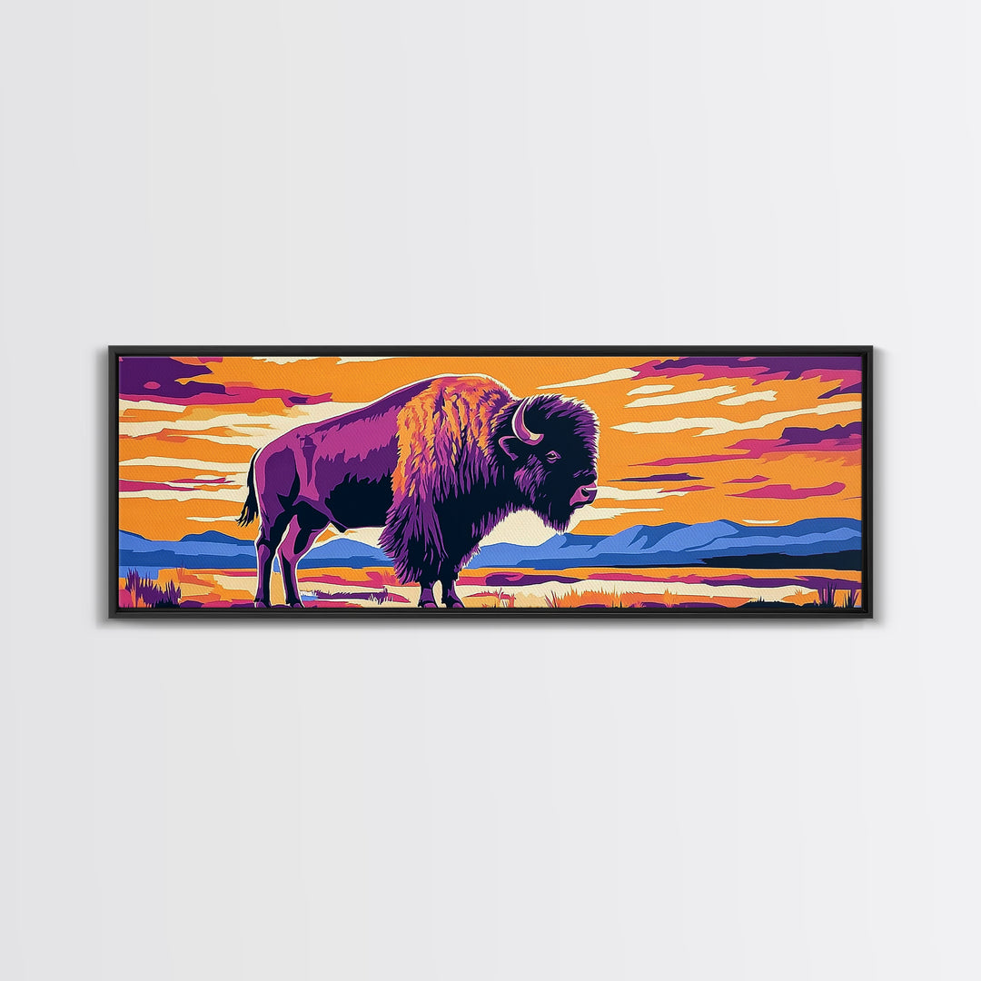 Bison, sunset, southwest wall art, buffalo, pink orange wall art, panoramic art, framed canvas print, extra wide art, rustic decor
