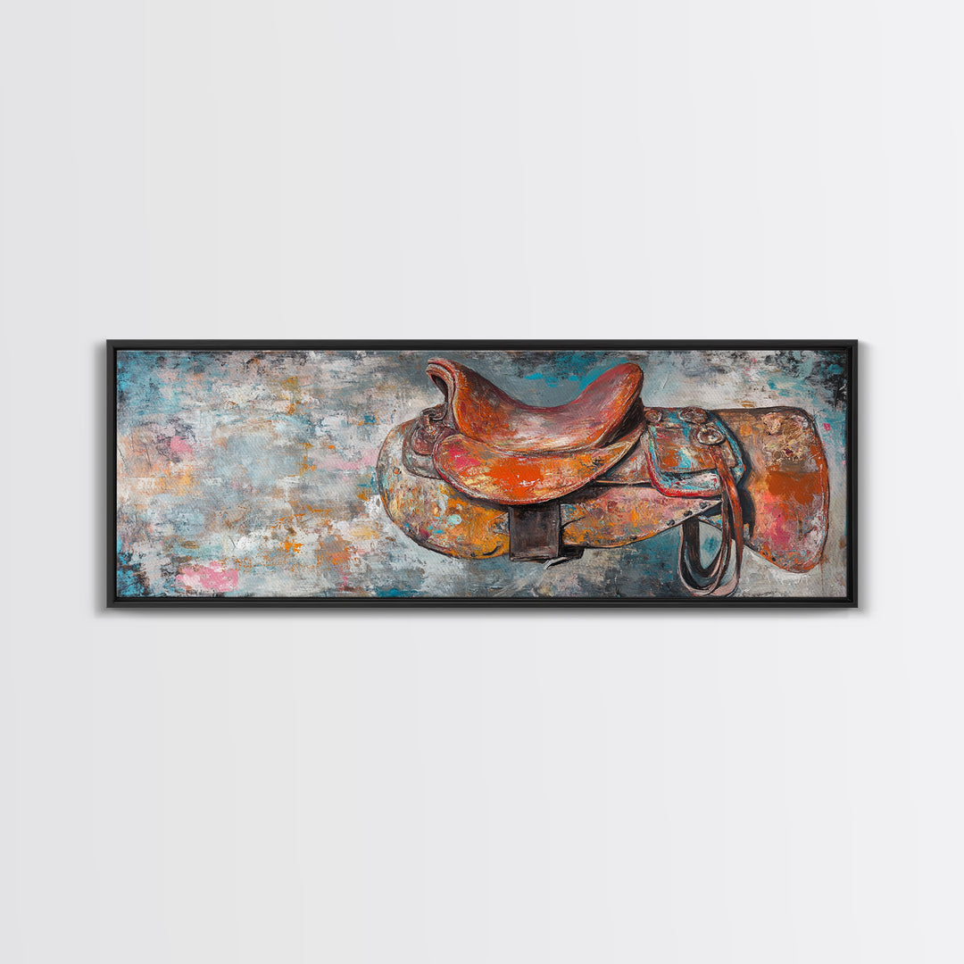 Abstract Saddle, horse wall art, abstract art, rustic decor, extra wide art, framed canvas print, above sofa art, living room decor