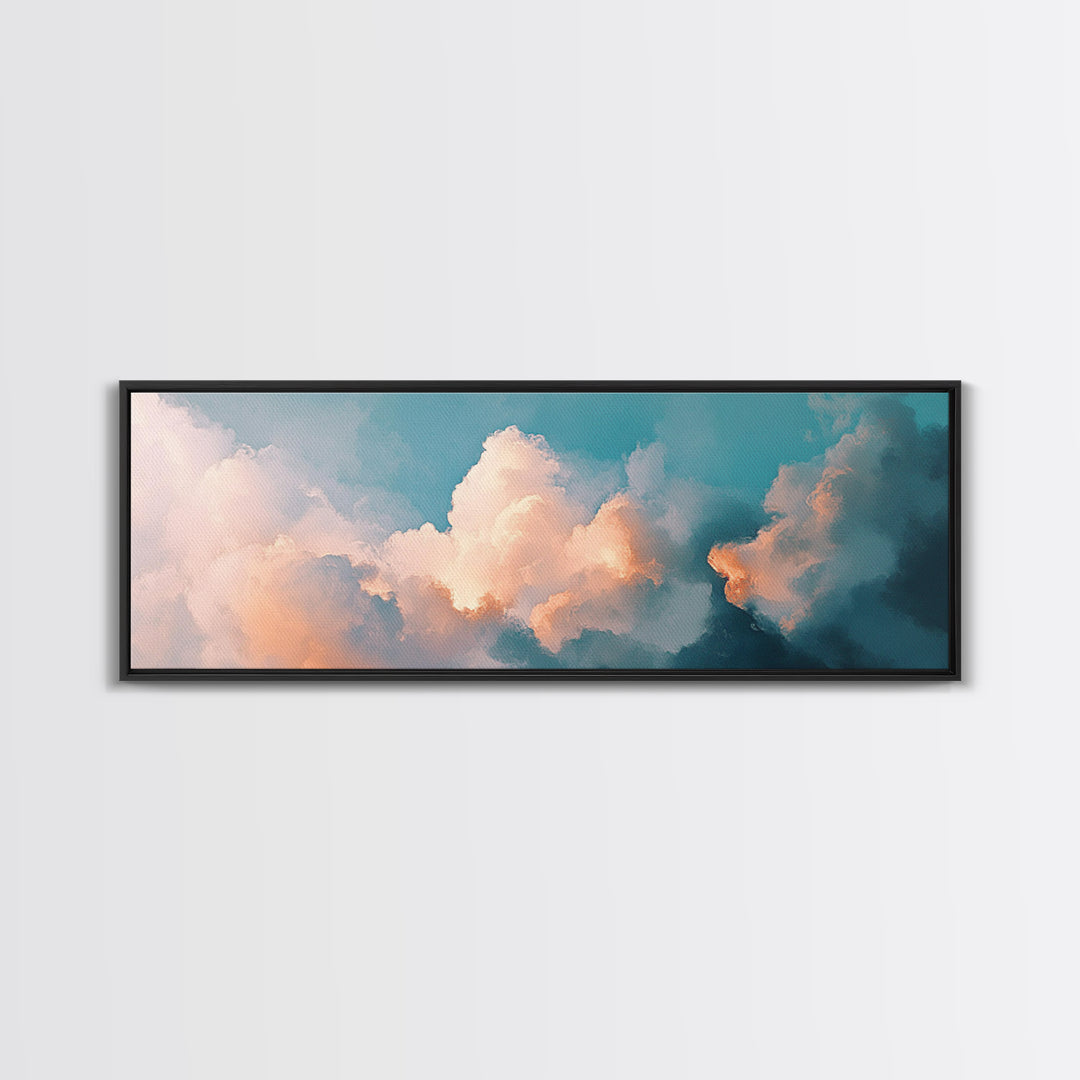 Cloud painting, sky wall art, soft pastel art, extra wide art, bedroom art, panoramic painting, framed canvas print, wabi sabi art