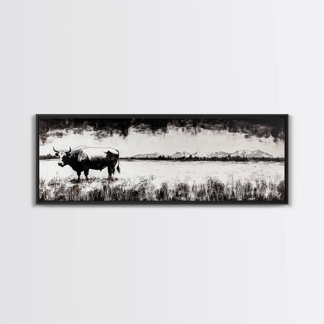Bull and bear art, black and white painting, rustic wall art, farmhouse decor, extra wide art, framed canvas print, moody art, landscape painting