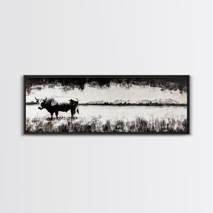 Bull and bear art, black and white painting, rustic wall art, farmhouse decor, extra wide art, framed canvas print, moody art, landscape painting