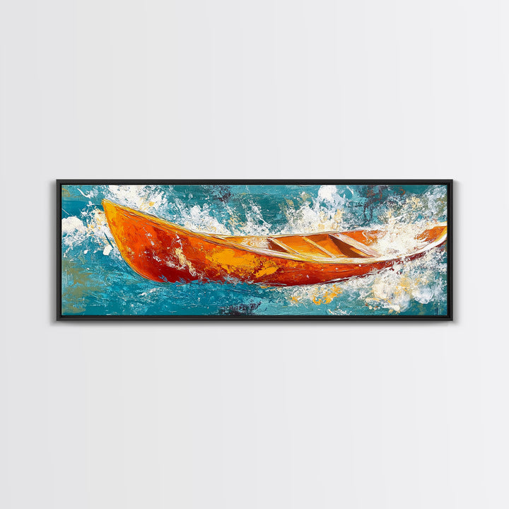 Boat in Waves, coastal wall art, nautical painting, extra wide horizontal art, ocean decor, farmhouse art, framed canvas print