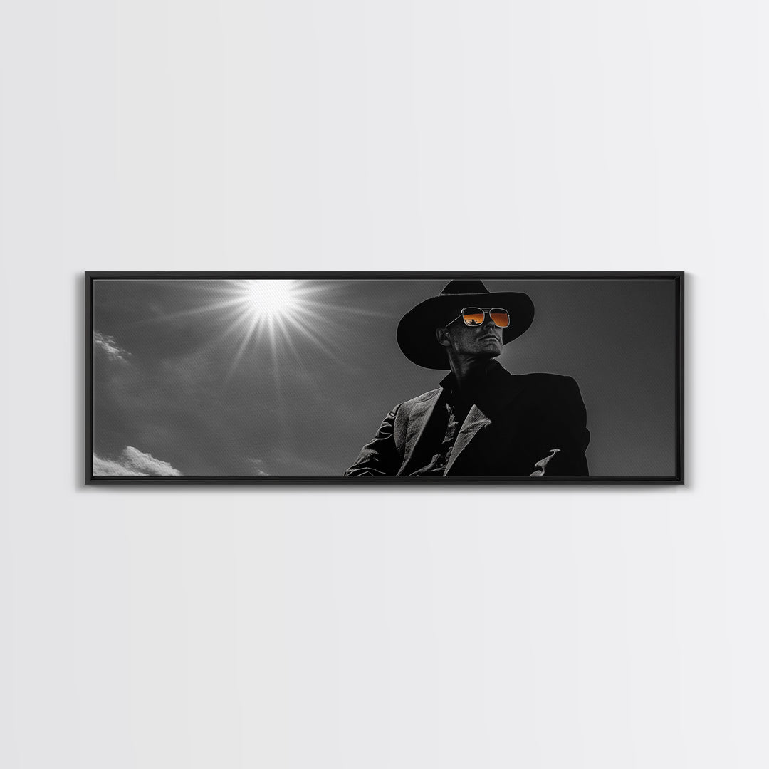 Cowboy, moody art, dark angels wall art, southwest wall art, rustic wall art, western aesthetic, framed canvas print, extra wide art