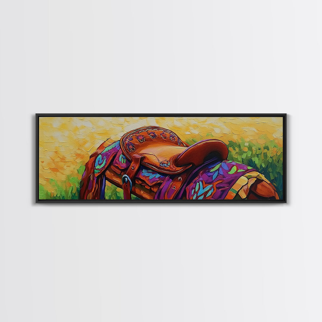 Colorful Saddle Painting, cowboy decor, vibrant rustic wall art, western style art, boho art, southwestern wall art, framed canvas print