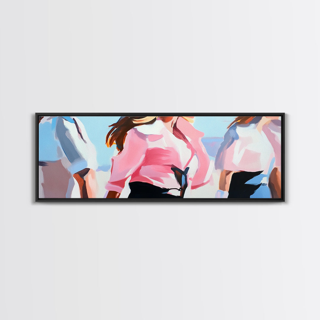 Cowgirl Trio, western art, black cowgirl painting, pink abstract art, extra wide art, light pink wall art, framed canvas print