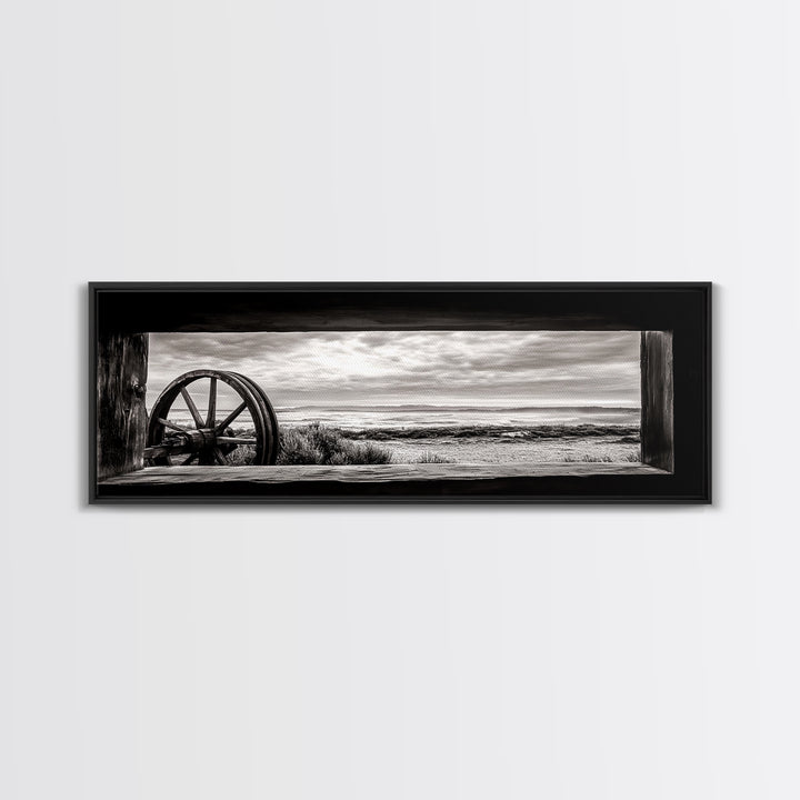 Black White Wagon, rustic decor, panoramic art, moody art, extra wide art, barn landscape oil painting, framed canvas print, living room art