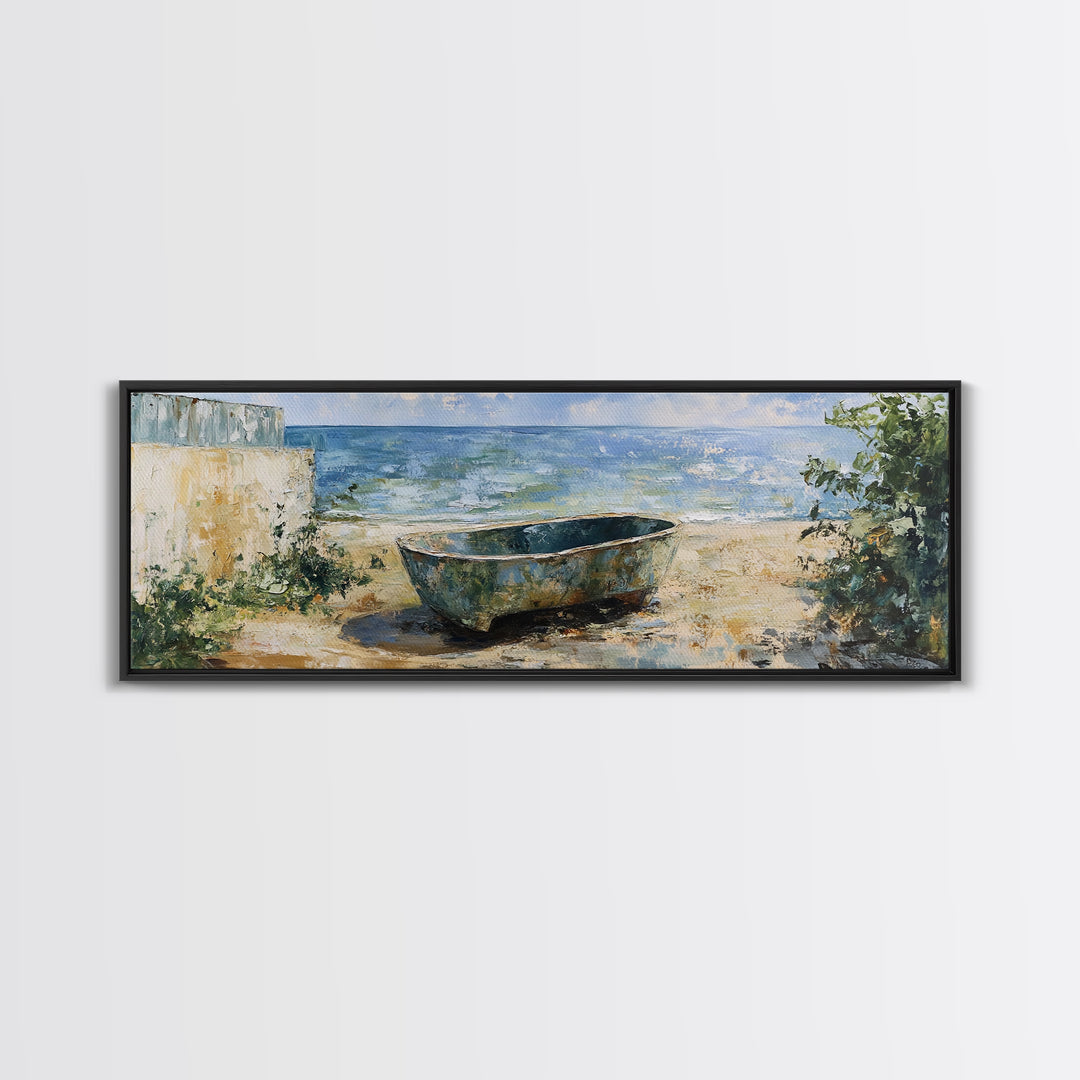Beach Tub, rustic decor, coastal wall art, wabi sabi art, framed canvas print, farmhouse art, seascape painting, nautical decor