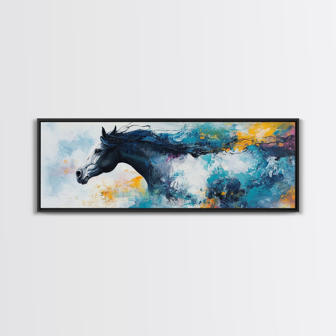 Horse Wall Art, Framed Canvas Print, Extra Wide Art, Blue and Green Wall Art, Moody Art, Rustic Decor, Panoramic Art, Farmhouse Art, Gift Idea for Him