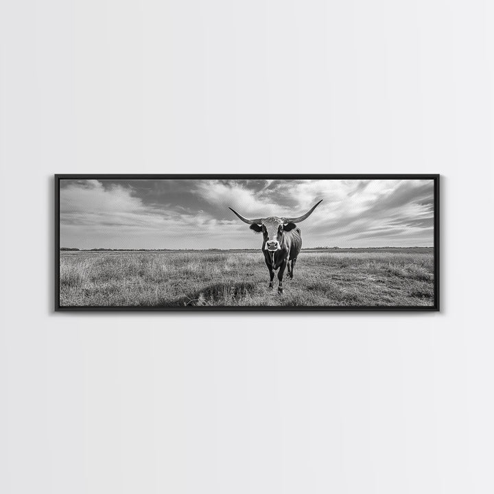 Texas Longhorn, Rustic Wall Art, Canvas Print, Farmhouse Art, Western Decor, Above Bed Art, Extra Wide Art, Moody Black And White Art