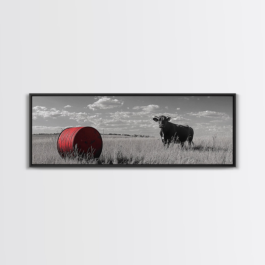 Black Cow, Farmhouse Art, Rustic Decor, Western Wall Art, Long Narrow Wall Art, Moody Art, Extra Wide Art, Framed Canvas Print