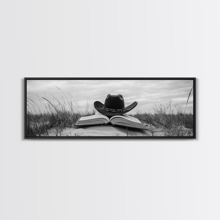 Cowboy Hat, wabi sabi art, rustic decor, farmhouse art, moody art, extra wide art, coastal wall art, framed canvas print, boho art