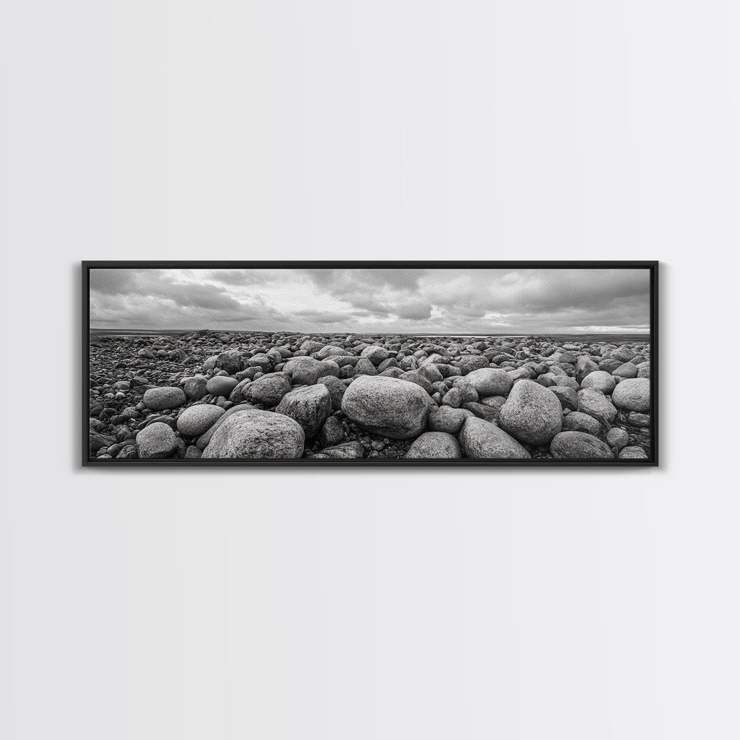 Rocky terrain, minimalist art, wabi sabi art, panoramic art, extra wide art, landscape painting, framed canvas print, moody art, rustic decor