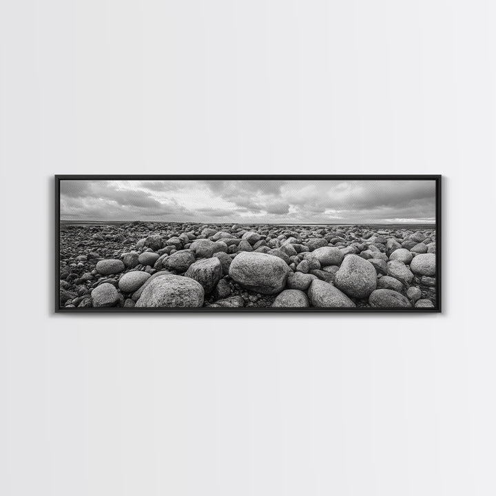 Rocky terrain, minimalist art, wabi sabi art, panoramic art, extra wide art, landscape painting, framed canvas print, moody art, rustic decor