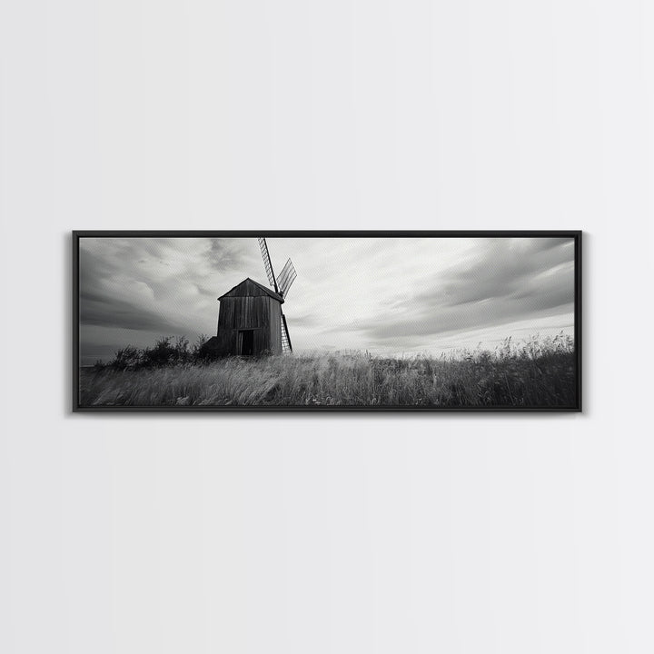 Rustic Windmill, panoramic art, farmhouse art, extra wide wall art, windmill wall art, landscape painting, framed canvas print