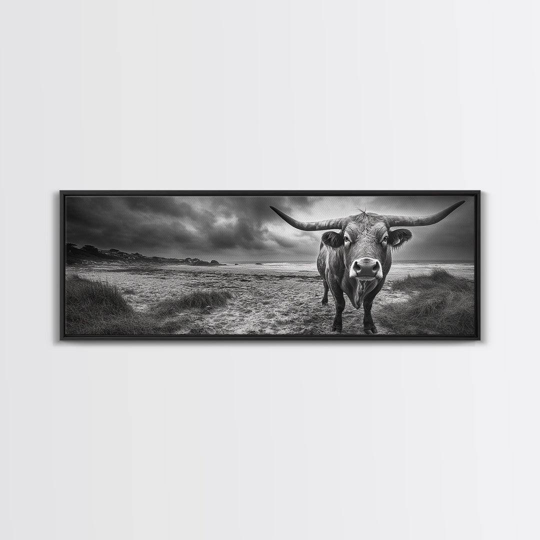 Bull on Beach, bull and bear art, moody art, coastal cowgirl wall art, dark romance painting, farmhouse art, framed canvas print