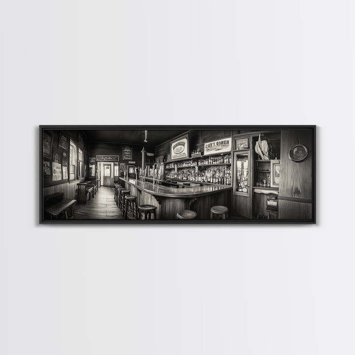 Western Saloon, rustic wall art, extra wide art, panoramic art, farmhouse art, bar decor, moody art, framed canvas print, above sofa art
