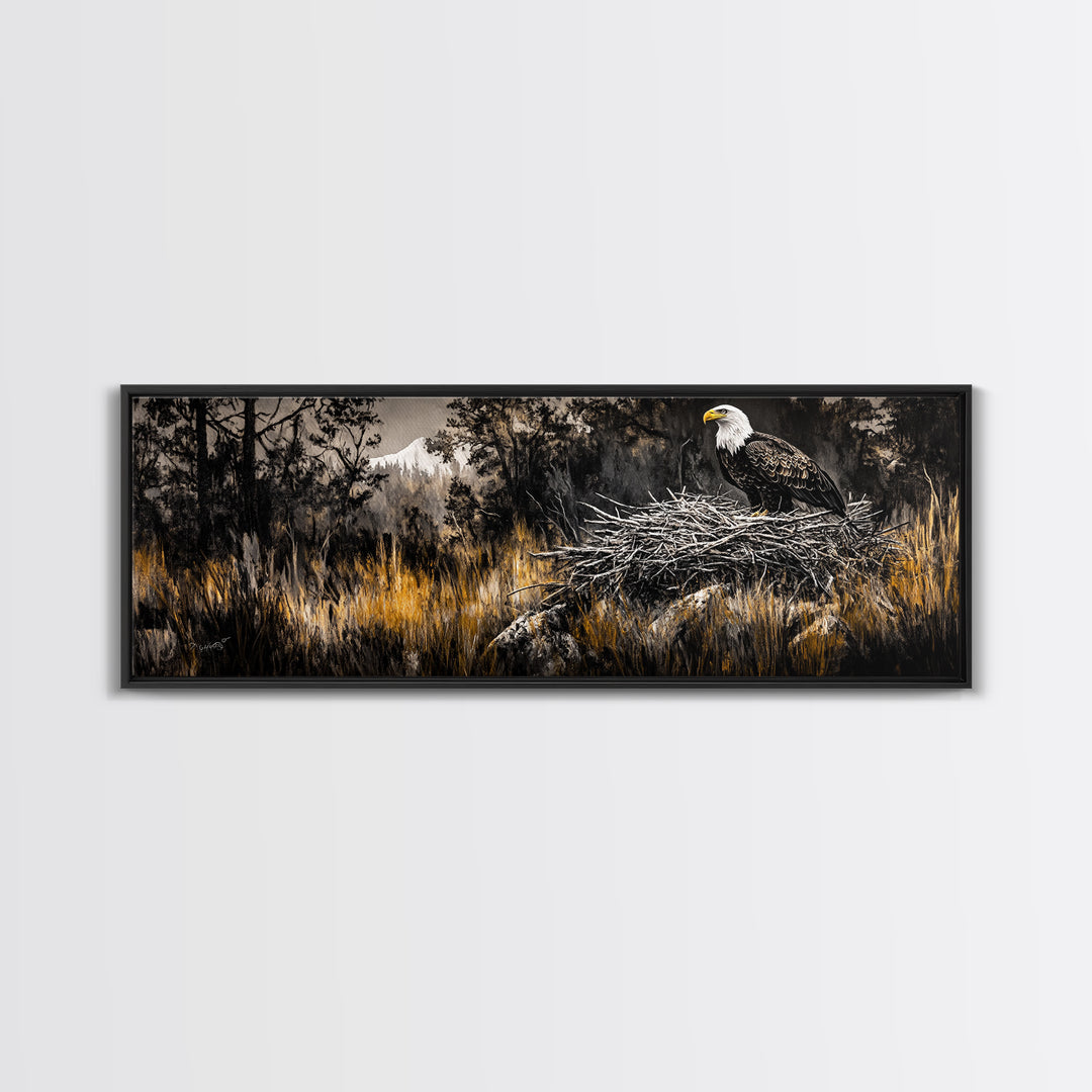 Bald Eagle, wildlife art, eagle painting, southwest wall art, rustic decor, panoramic painting, moody art, framed canvas print, above sofa art